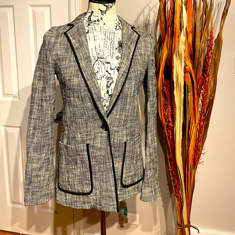 Anthropologie Tweed Textured Tailored Piping Trim 1-Button preppy Work 4 oversz